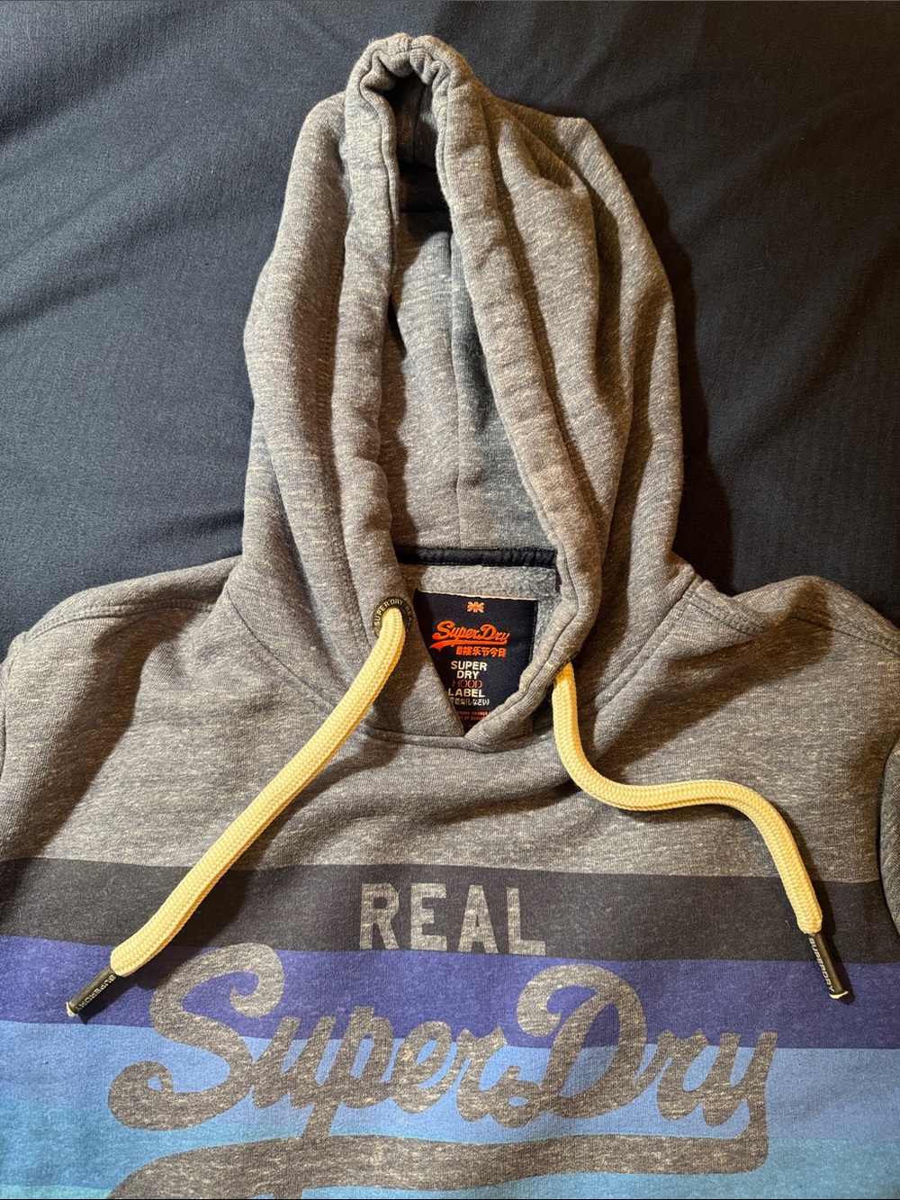 Superdry Heather Grey Hoodie with Blue Graphic and Yellow Drawcords